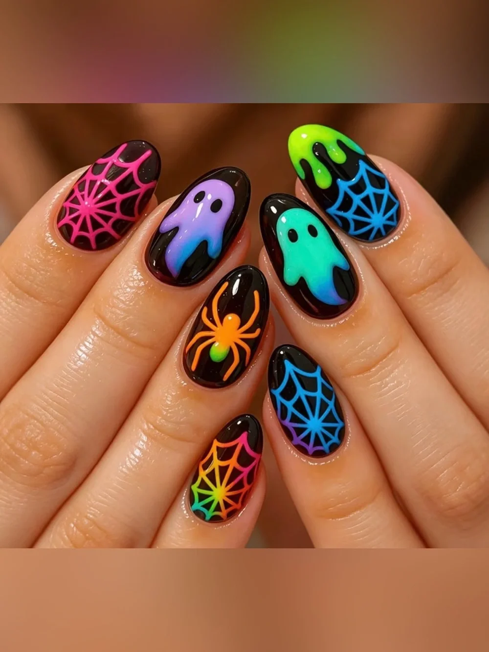 Halloween Glow Ghost & Spider Press On Nails - 24 Pcs
